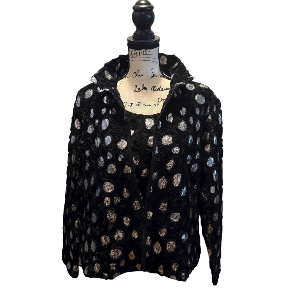 Damee Mest Floral Rosette Sequins 2pc Jacket Blouse Black Silver Size 1XL Formal